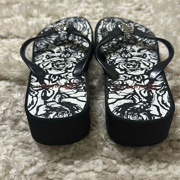 Brighton Malibu Black/White Rose Print Wedge Sandals Women’s Sz 7 - Picture 3 of 11